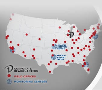 Map of call centers, headquarters and service locations for Protection One